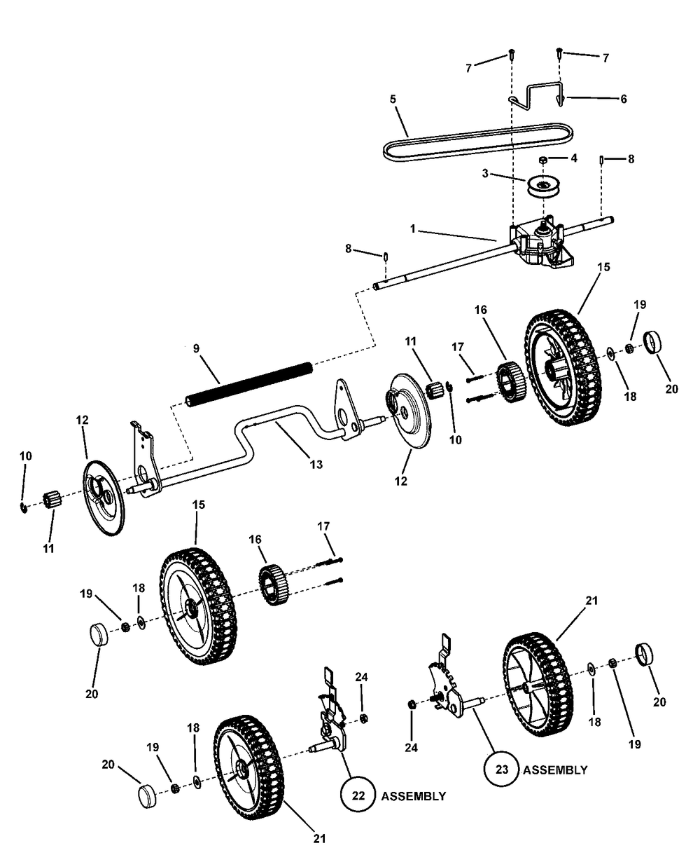 Transmission, Front And Rear Wheels Diagram and Parts List for 7800268-BTPV21675E 2008 Briggs and Stratton Lawn Mower